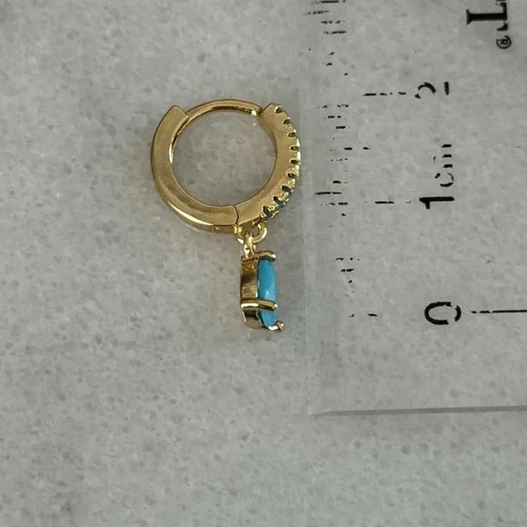 Gold Turquoise Tear Drop Crystal Huggie Hoop Earrings - Picture 5 of 5